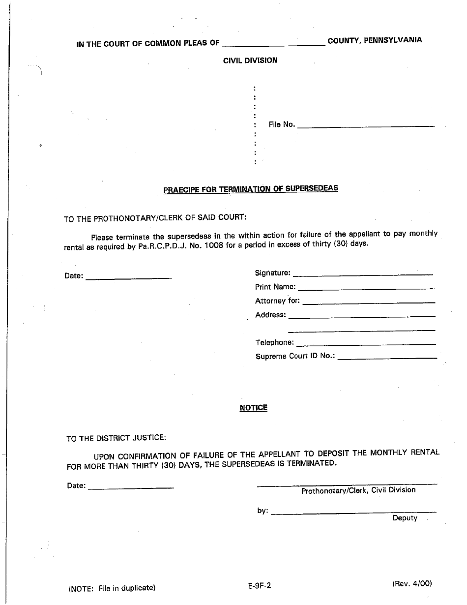 Form E-9F-2 Praecipe for Termination of Supersedeas - Luzerne County, Pennsylvania, Page 1