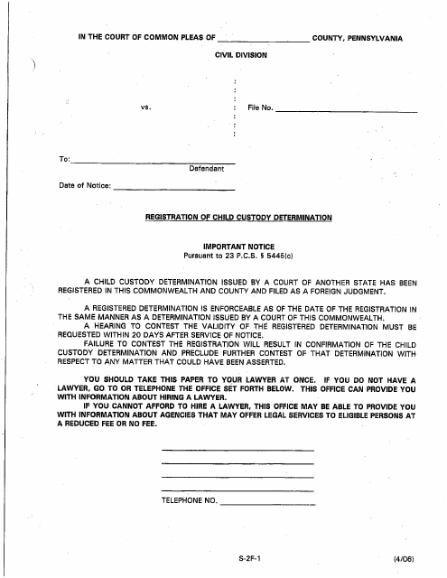 Form S-2F-1 Registration of Child Custody Determination - Luzerne County, Pennsylvania