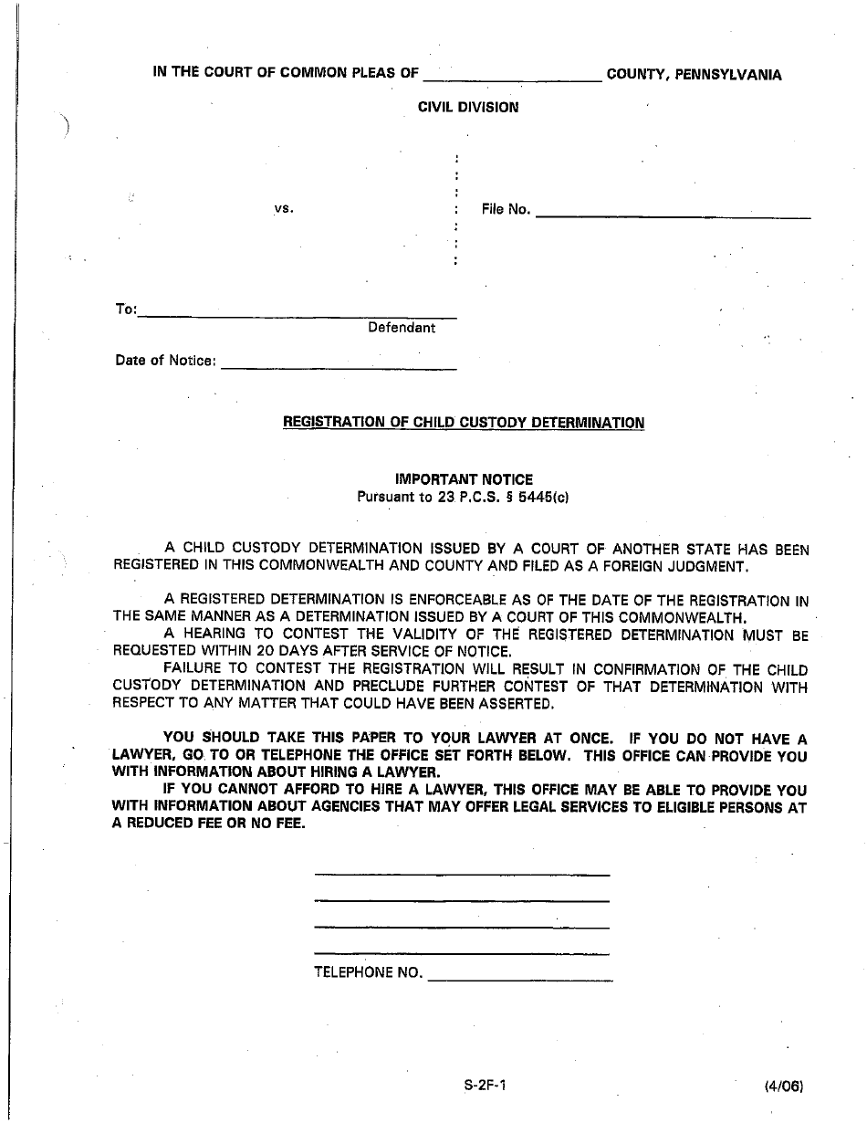 Form S-2F-1 Registration of Child Custody Determination - Luzerne County, Pennsylvania, Page 1