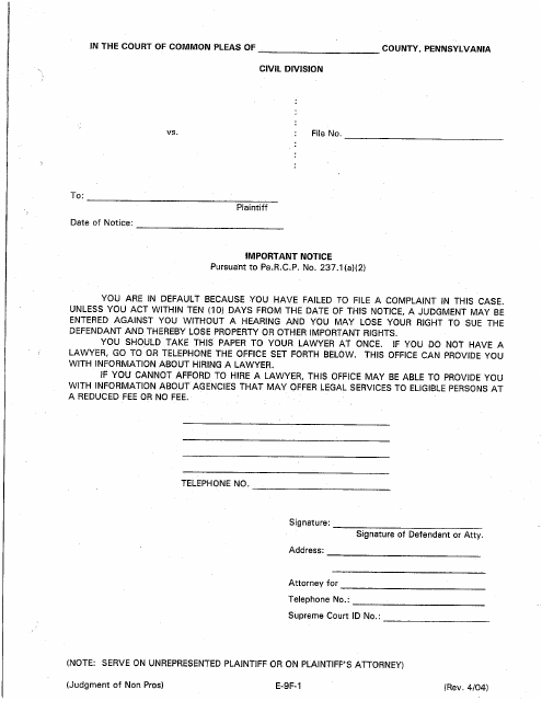 Form E-9F-1 Notice of Filing Judgment - Luzerne County, Pennsylvania