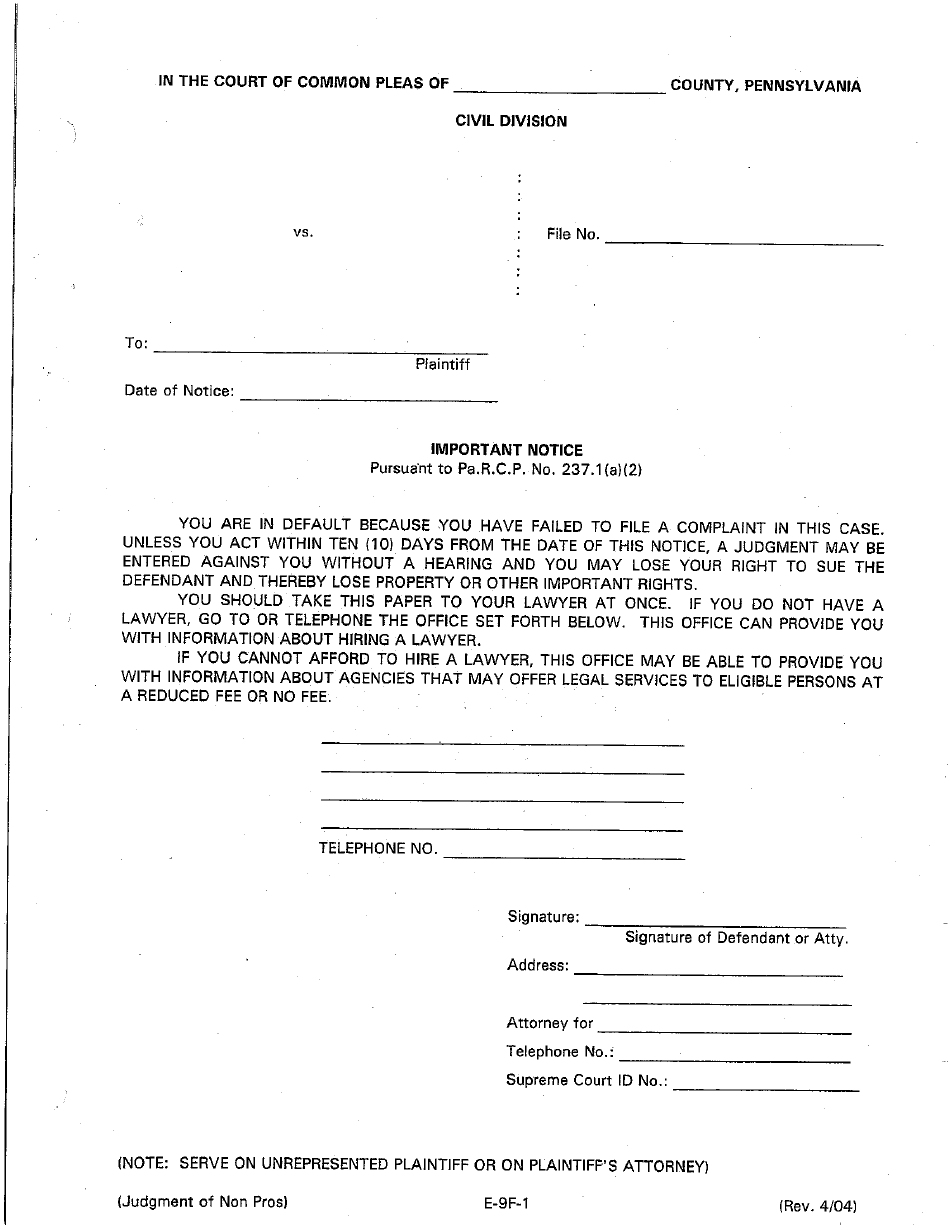 Form E-9F-1 Notice of Filing Judgment - Luzerne County, Pennsylvania, Page 1