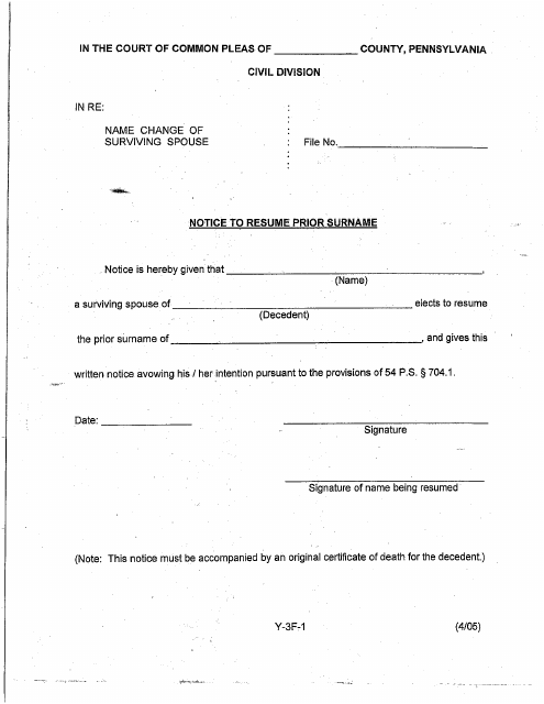 Form Y-3F-1 Notice to Resume Prior Surname - Death - Luzerne County, Pennsylvania