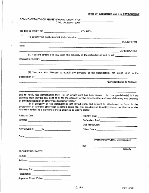 Form Q-1F-4 Writ of Execution and/or Attachment - Luzerne County, Pennsylvania
