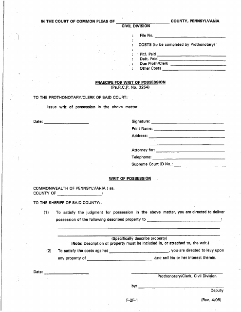 Form F-2F-1 Praecipe for Writ of Possession - Luzerne County, Pennsylvania