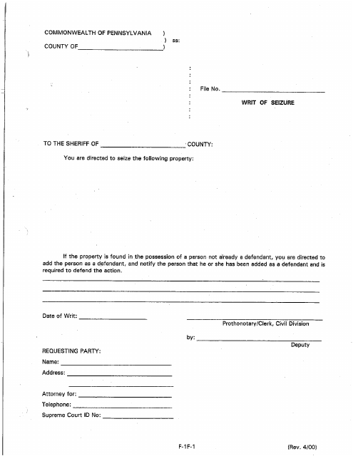 Form F-1F-1 Writ of Seizure - Luzerne County, Pennsylvania