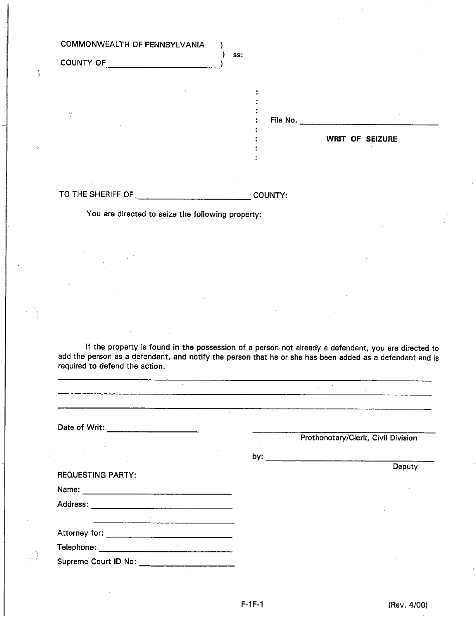 Form F-1F-1 Writ of Seizure - Luzerne County, Pennsylvania, Page 1
