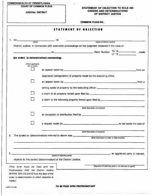Form AOPC314-80 Statement of Objection to Rule 420 - Luzerne County, Pennsylvania