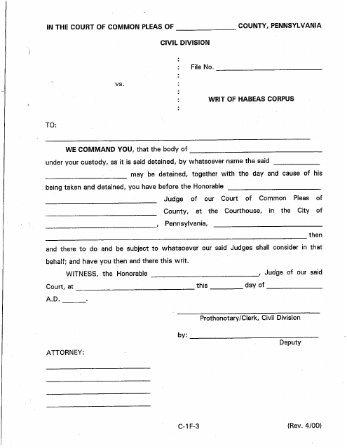Form C-1F-3 Writ of Habeas Corpus - Luzerne County, Pennsylvania