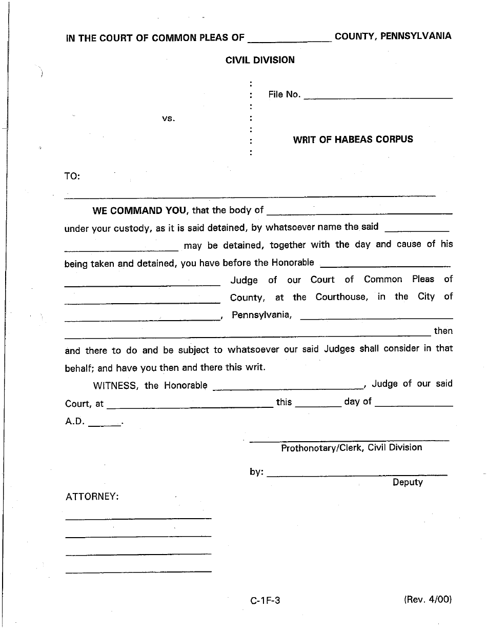 Form C-1F-3 Writ of Habeas Corpus - Luzerne County, Pennsylvania, Page 1
