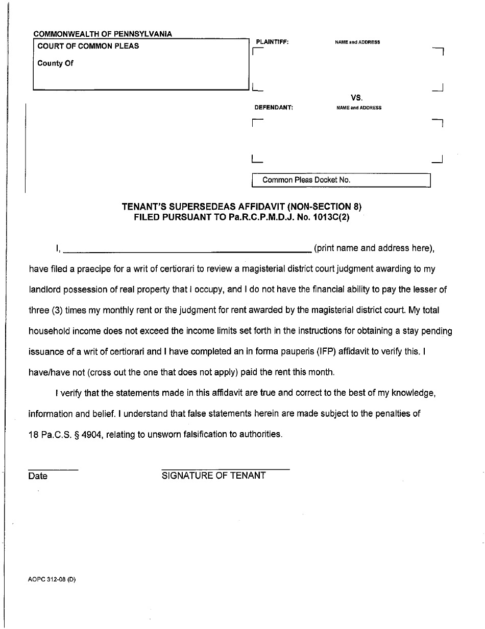 Form AOPC312-08 (D) Tenants Supersedeas Affidavit (Non-section 8) Filed Pursuant to Pa.r.c.p.m.d.j. No. 1013c(2) - Luzerne County, Pennsylvania, Page 1