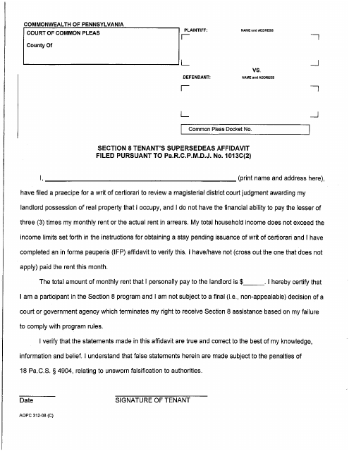Form AOPC312-08 (C) Section 8 Tenant's Supersedeas Affidavit Filed Pursuant to Pa.r.c.p.m.d.j. No. 1013c(2) - Luzerne County, Pennsylvania