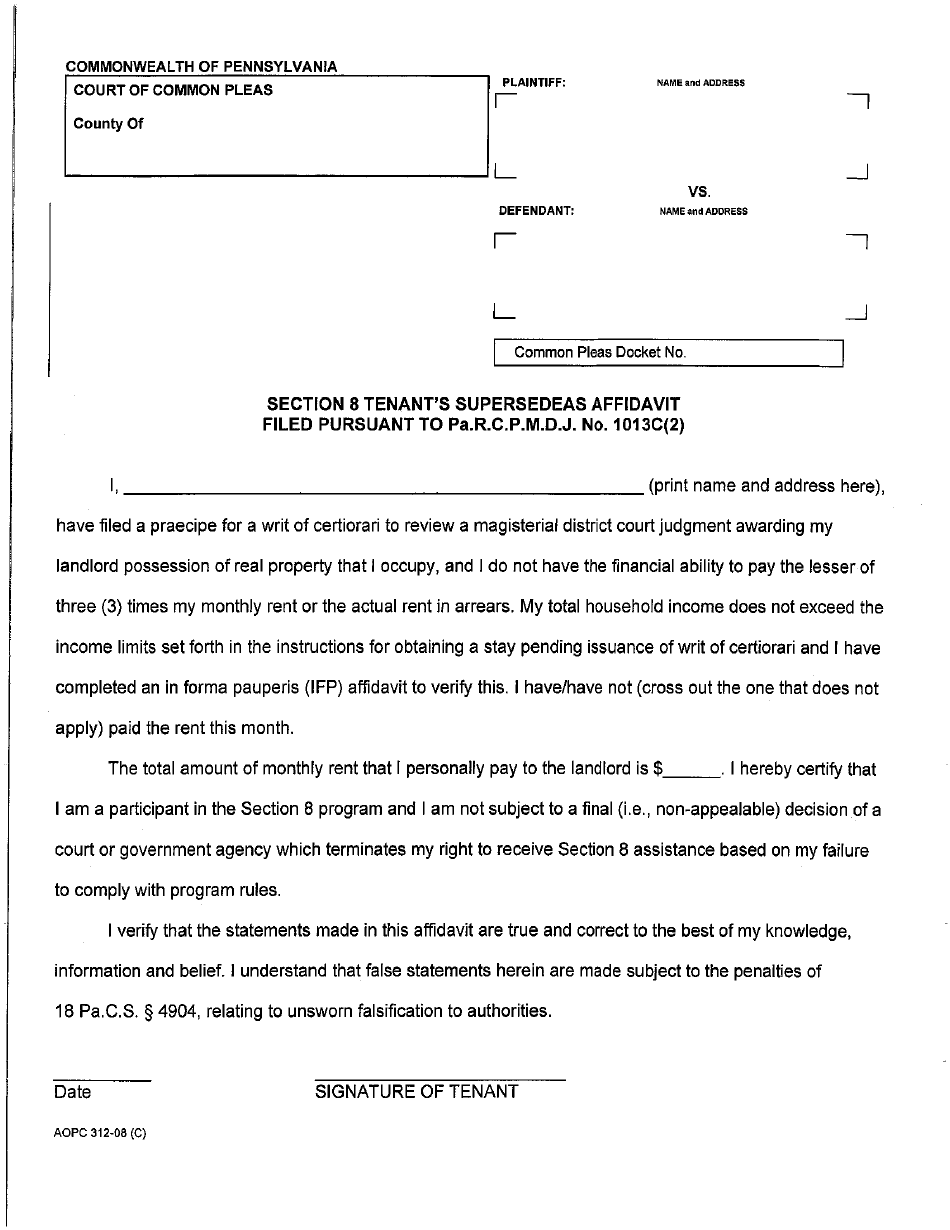 Form AOPC312-08 (C) Section 8 Tenants Supersedeas Affidavit Filed Pursuant to Pa.r.c.p.m.d.j. No. 1013c(2) - Luzerne County, Pennsylvania, Page 1