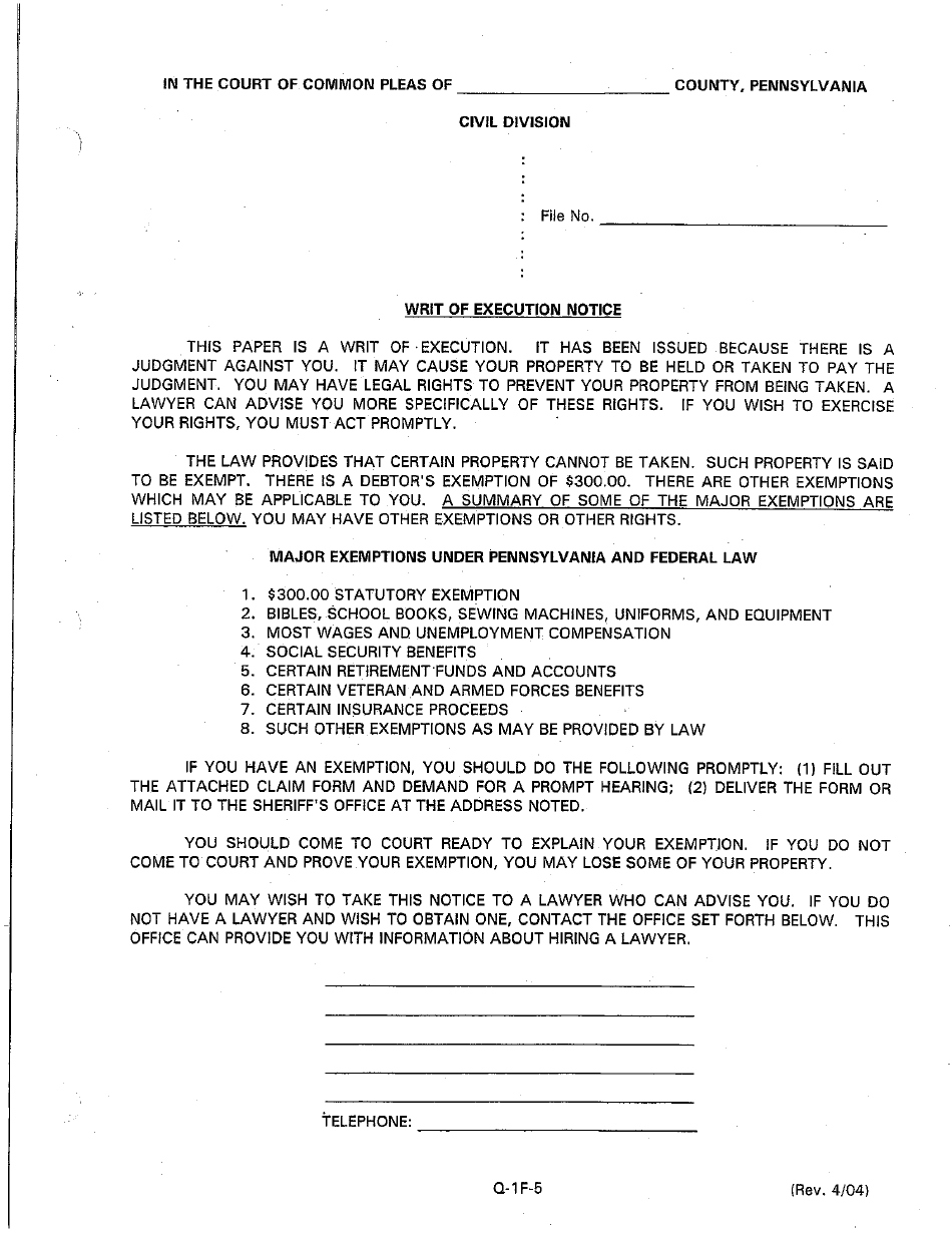 Form Q-1F-5 Writ of Execution Notice - Luzerne County, Pennsylvania, Page 1