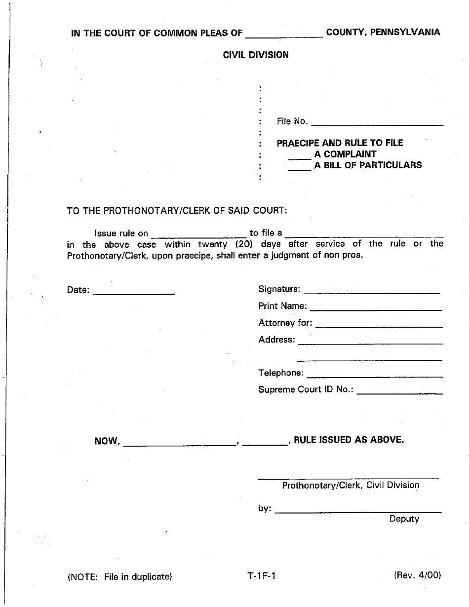 Form T-1F-1 Praecipe and Rule to File Complaint / A Bill of Particulars - Luzerne County, Pennsylvania, Page 1