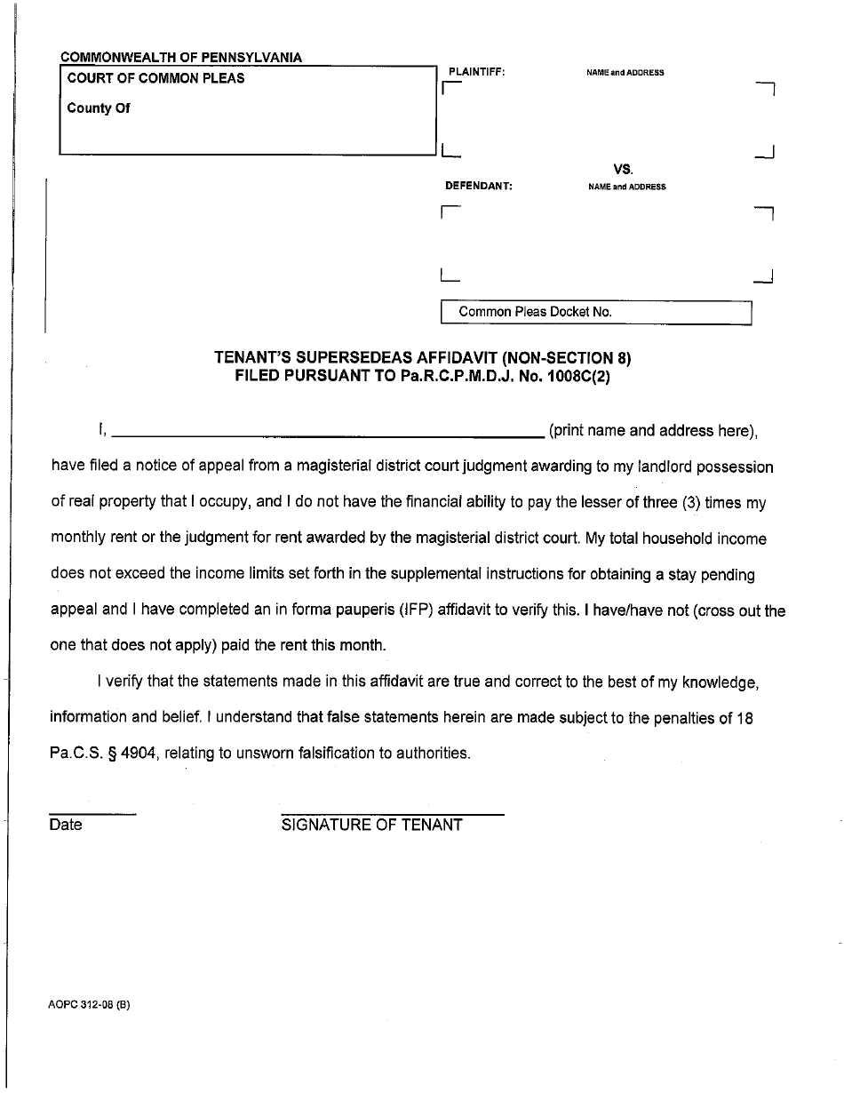 Form AOPC312-08 (B) Tenants Supersedeas Affidavit (Non-section 8) - Luzerne County, Pennsylvania, Page 1