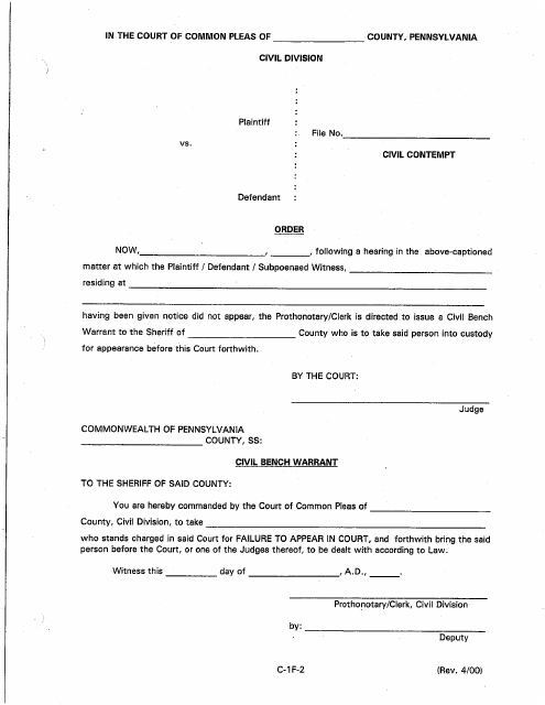 Form C-1F-2 Order for Civil Bench Warrant - Luzerne County, Pennsylvania