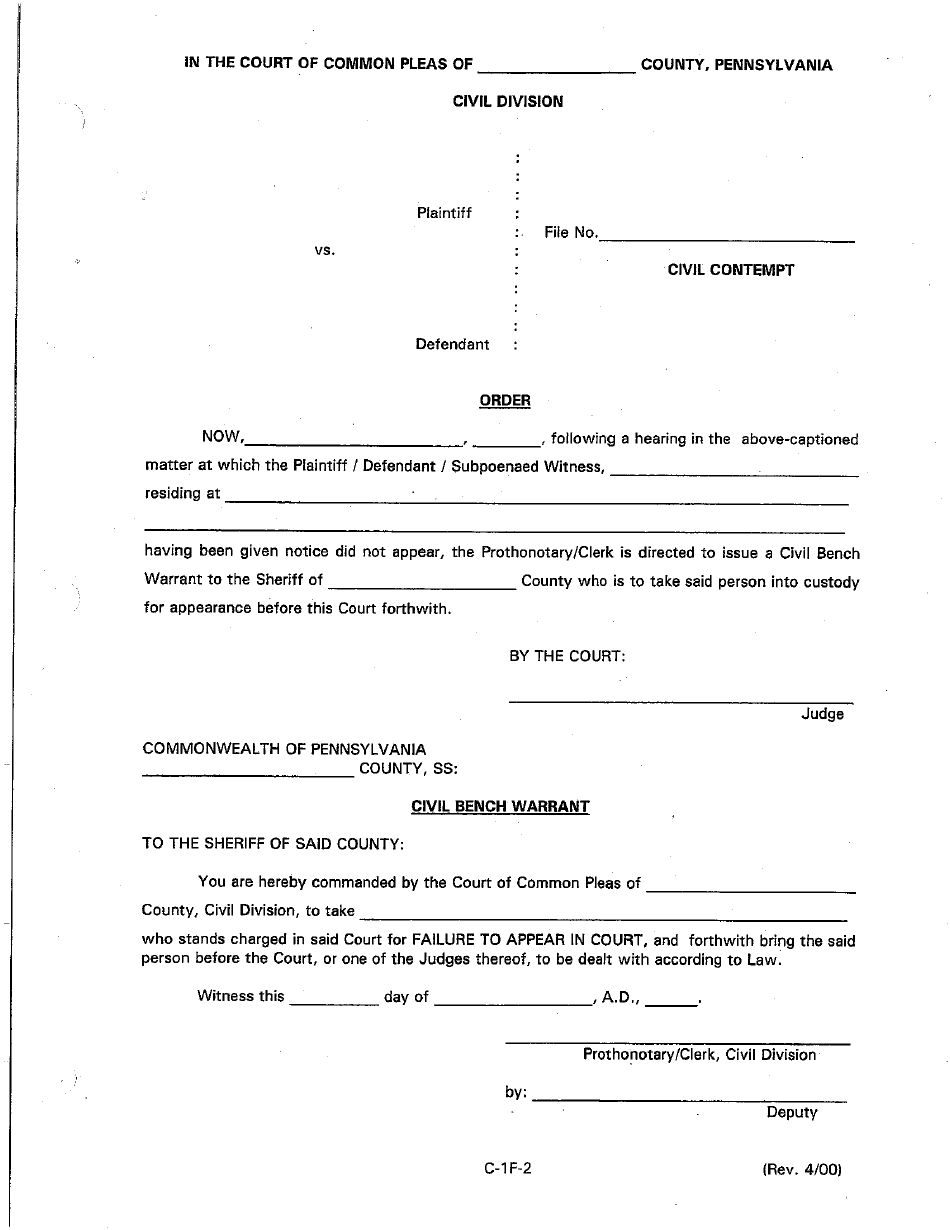 Form C-1F-2 Order for Civil Bench Warrant - Luzerne County, Pennsylvania, Page 1
