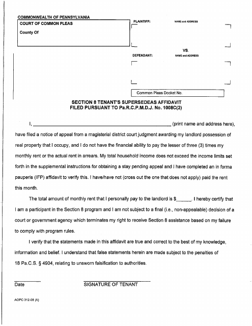 Form AOPC312-08 (A) Section 8 Tenant's Supersedeas Affidavit Filed Pursuant to Pa.r.c.p.m.d.j. No. 1008c(2) - Luzerne County, Pennsylvania
