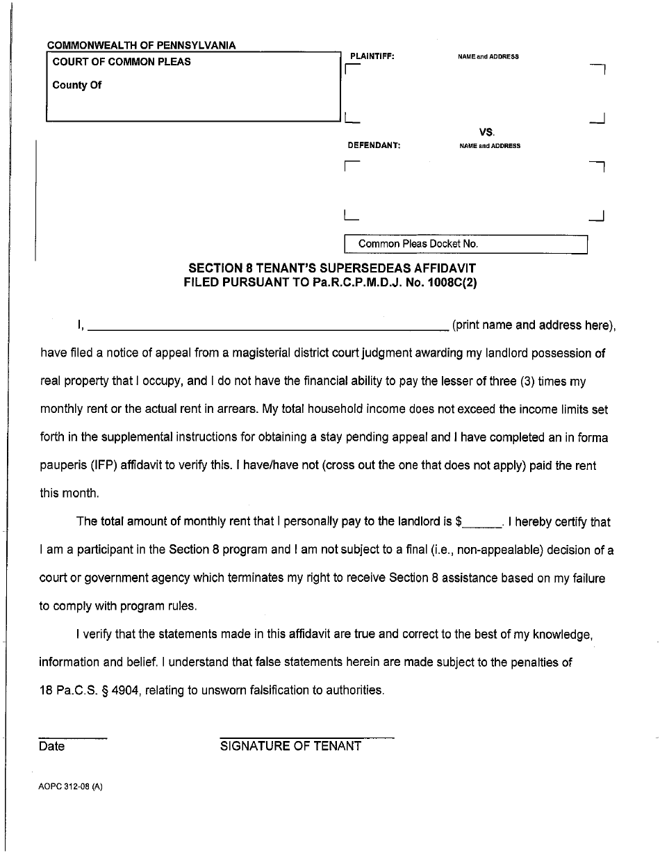 Form AOPC312-08 (A) Section 8 Tenants Supersedeas Affidavit Filed Pursuant to Pa.r.c.p.m.d.j. No. 1008c(2) - Luzerne County, Pennsylvania, Page 1