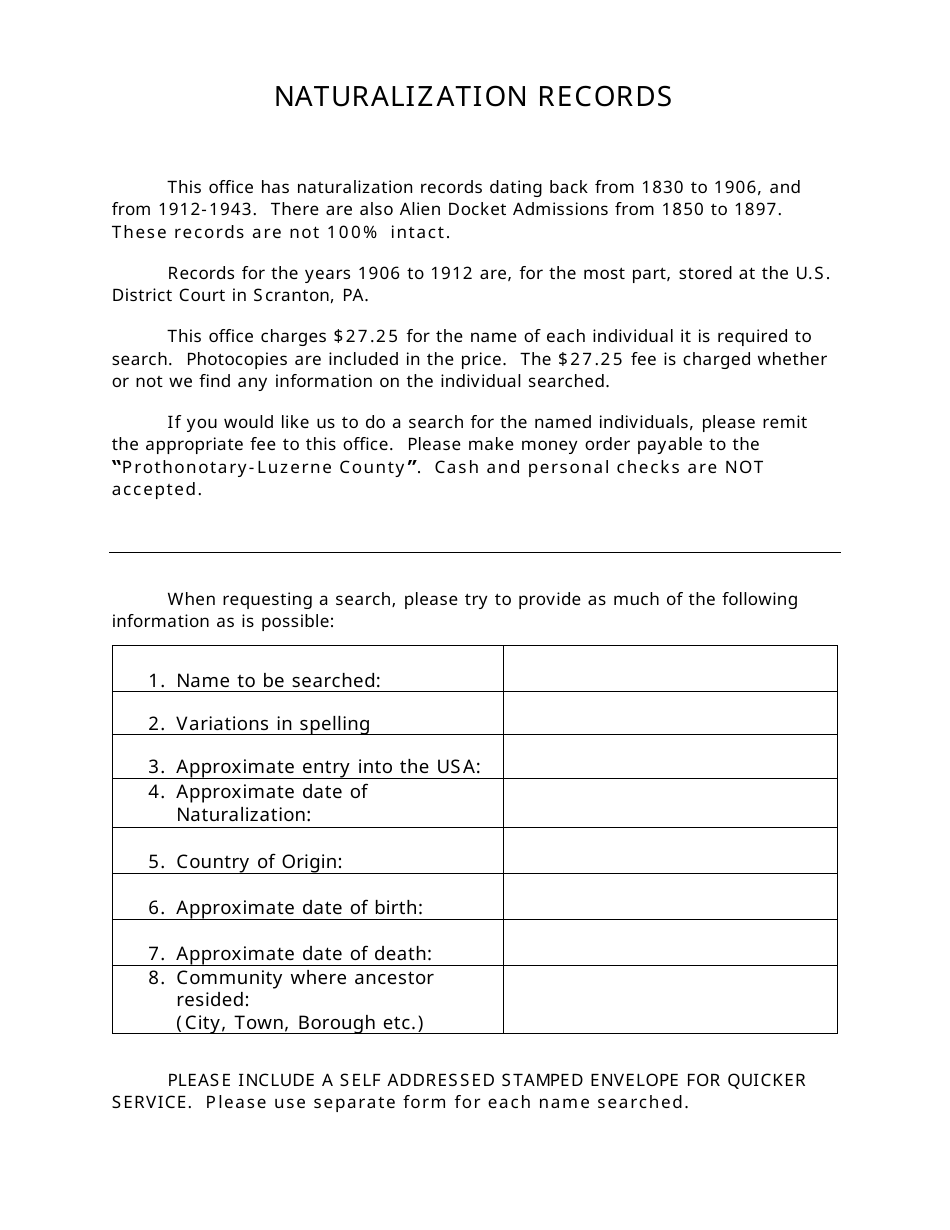 Luzerne County, Pennsylvania Naturalization Records Search Form Fill