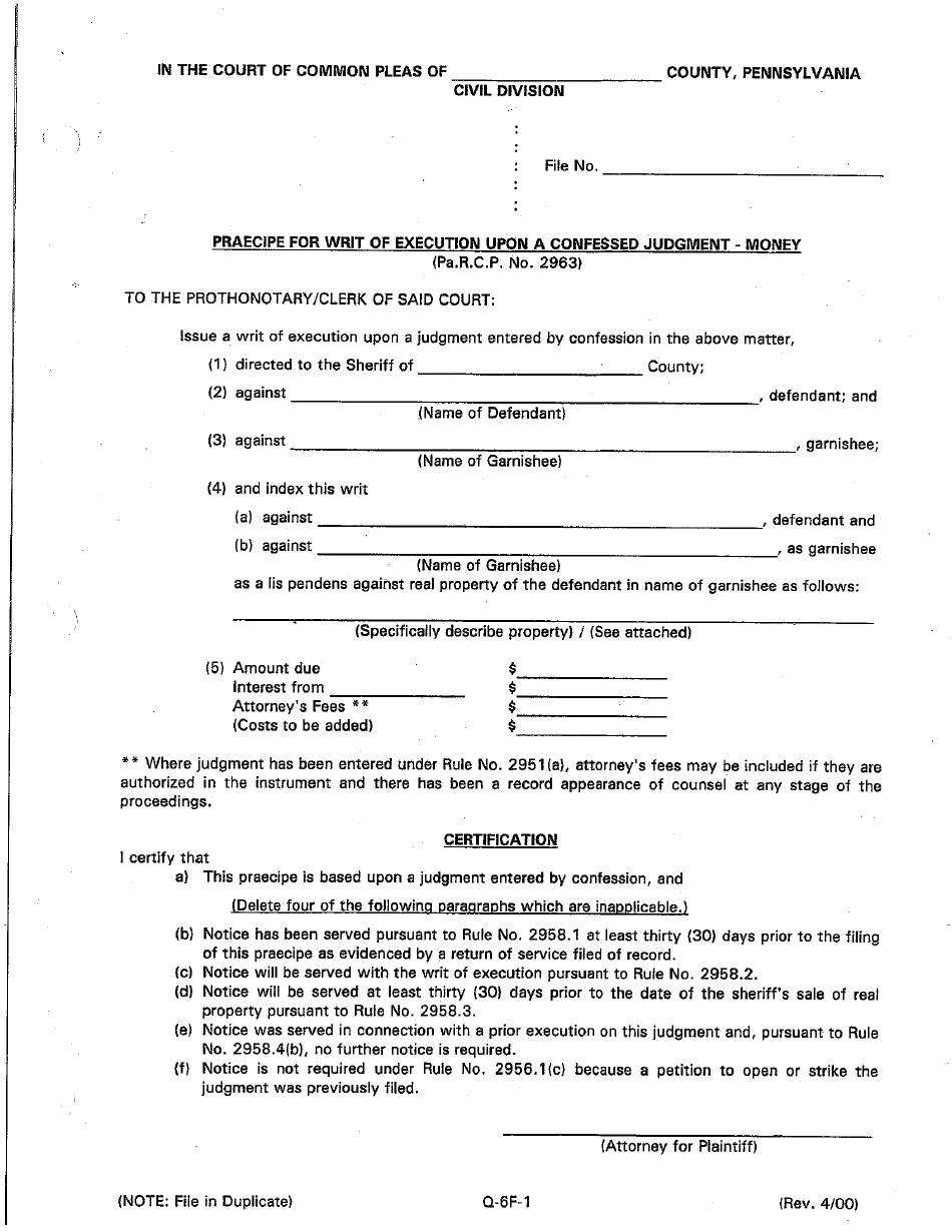 Form Q-6F-1 Praecipe for Writ of Execution Upon a Confessed Judgment - Money - Luzerne County, Pennsylvania, Page 1