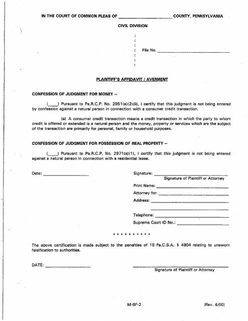 Form M-6F-2 Plaintiff's Affidavit - Confession of Judgment - Luzerne County, Pennsylvania
