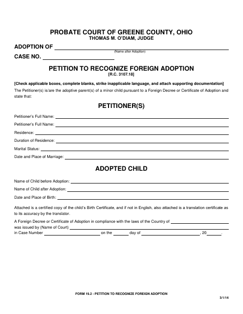Form 19.2 Petition to Recognize Foreign Adoption - Greene County, Ohio