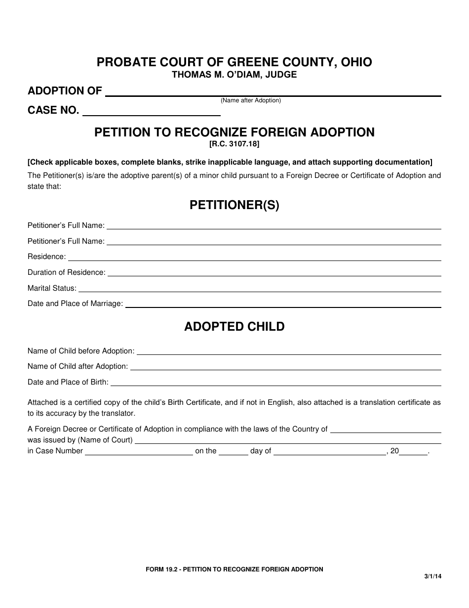Form 19.2 Petition to Recognize Foreign Adoption - Greene County, Ohio, Page 1