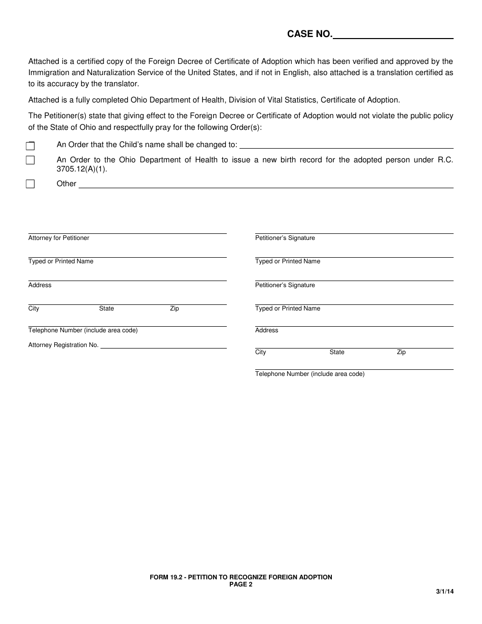 Form 19.2 Petition to Recognize Foreign Adoption - Greene County, Ohio, Page 2