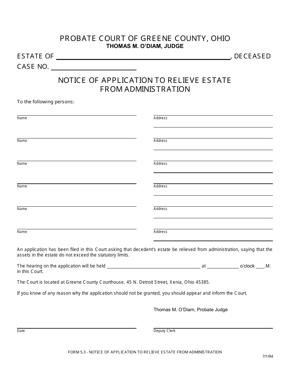 Form 5.3 Notice of Application to Relieve Estate From Administration - Greene County, Ohio, Page 1