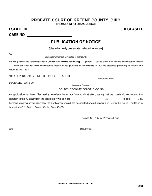 Form 5.4 Publication of Notice - Greene County, Ohio