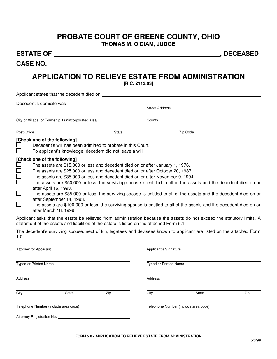 Form 5.0 Application to Relieve Estate From Administration - Greene County, Ohio, Page 1