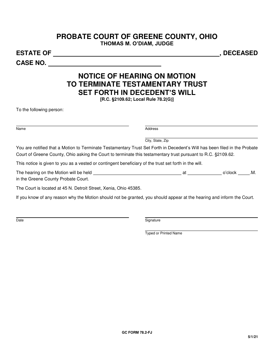 GC Form 78.2-FJ Notice of Hearing on Motion to Terminate Testamentary Trust Set Forth in Decedents Will - Greene County, Ohio, Page 1