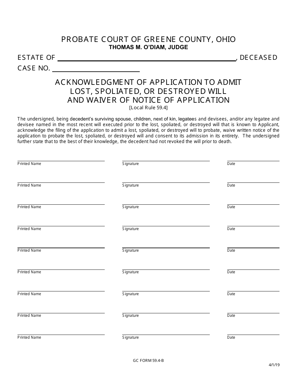 GC Form 59.4-B Acknowledgment of Application to Admit Lost, Spoliated, or Destroyed Will and Waiver of Notice of Application - Greene County, Ohio, Page 1