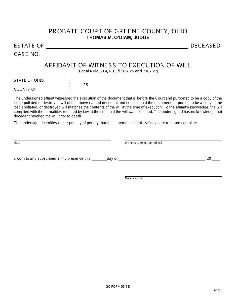 GC Form 59.4-D Affidavit of Witness to Execution of Will - Greene County, Ohio, Page 1