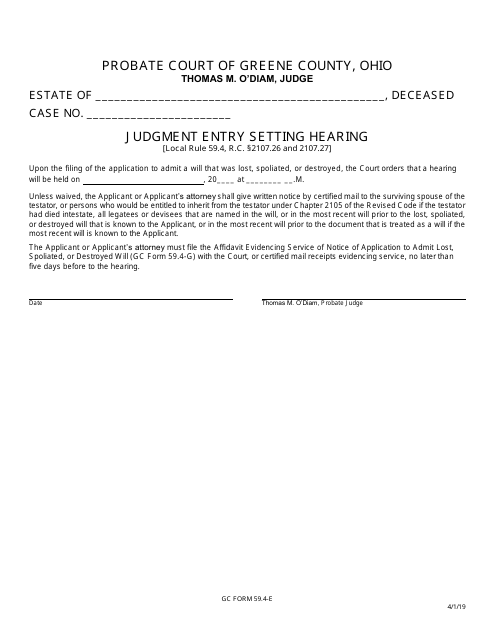 GC Form 59.4-E Judgment Entry Setting Hearing - Greene County, Ohio