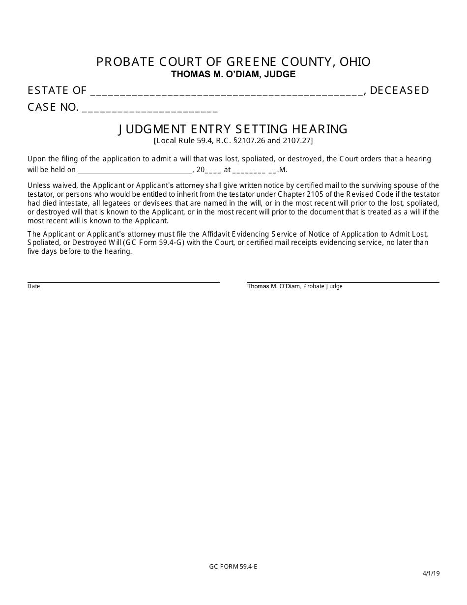 GC Form 59.4-E Judgment Entry Setting Hearing - Greene County, Ohio, Page 1