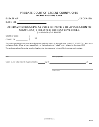 Document preview: GC Form 59.4-G Affidavit Evidencing Service of Notice of Application to Admit Lost, Spoliated, or Destroyed Will - Greene County, Ohio