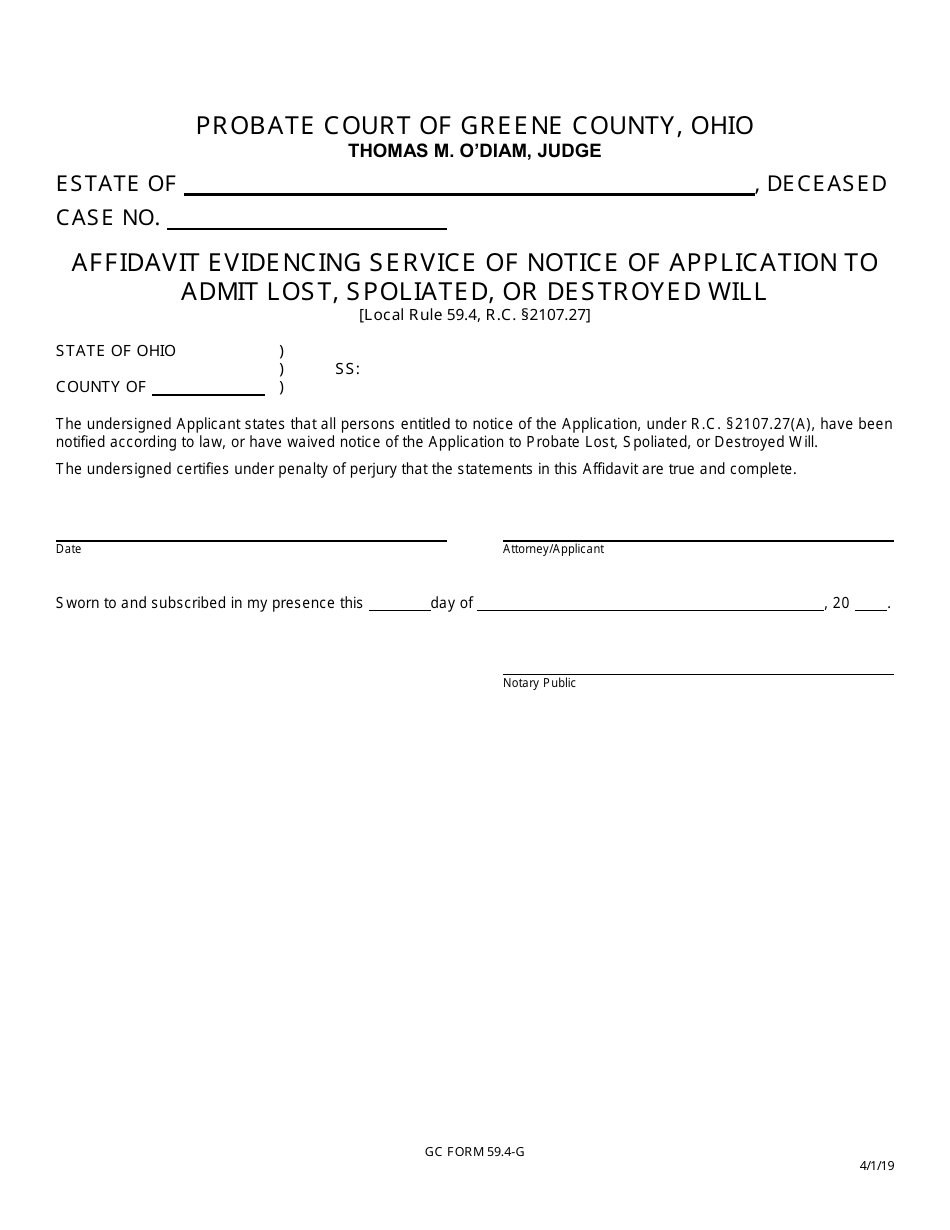 GC Form 59.4-G Affidavit Evidencing Service of Notice of Application to Admit Lost, Spoliated, or Destroyed Will - Greene County, Ohio, Page 1