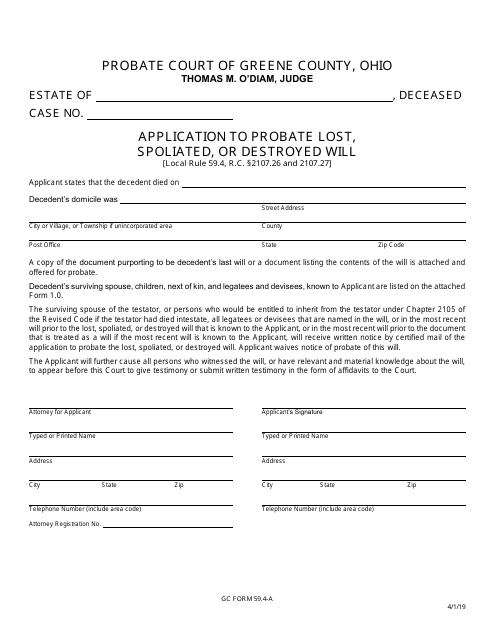 GC Form 59.4-A Application to Probate Lost, Spoliated, or Destroyed Will - Greene County, Ohio