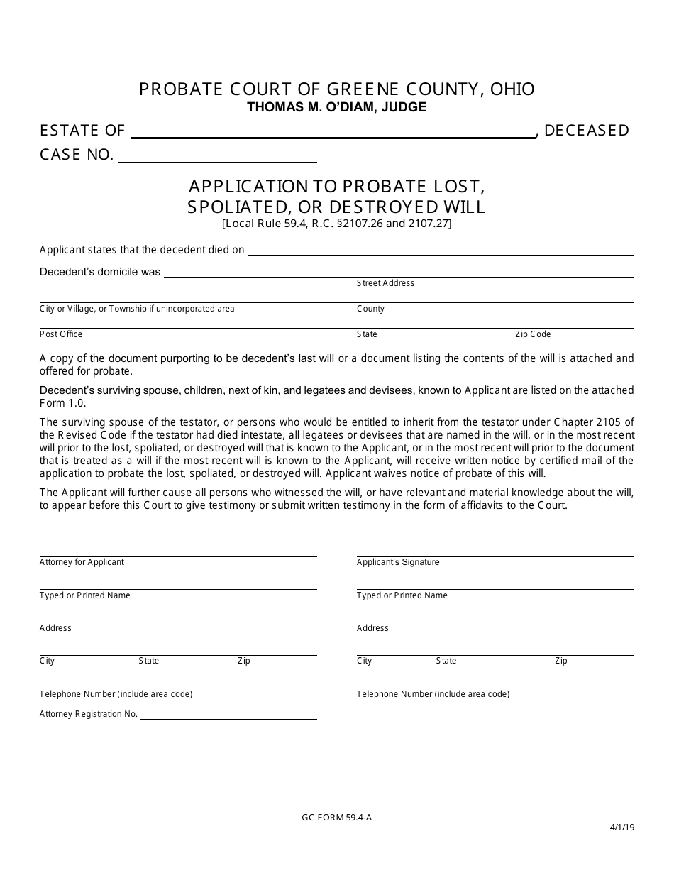 GC Form 59.4-A Application to Probate Lost, Spoliated, or Destroyed Will - Greene County, Ohio, Page 1