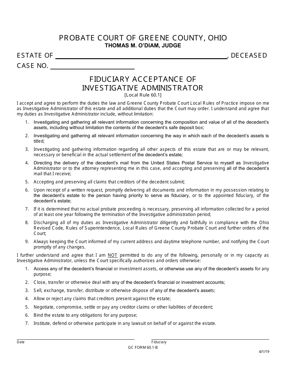GC Form 60.1-B Fiduciary Acceptance of Investigative Administrator - Greene County, Ohio, Page 1