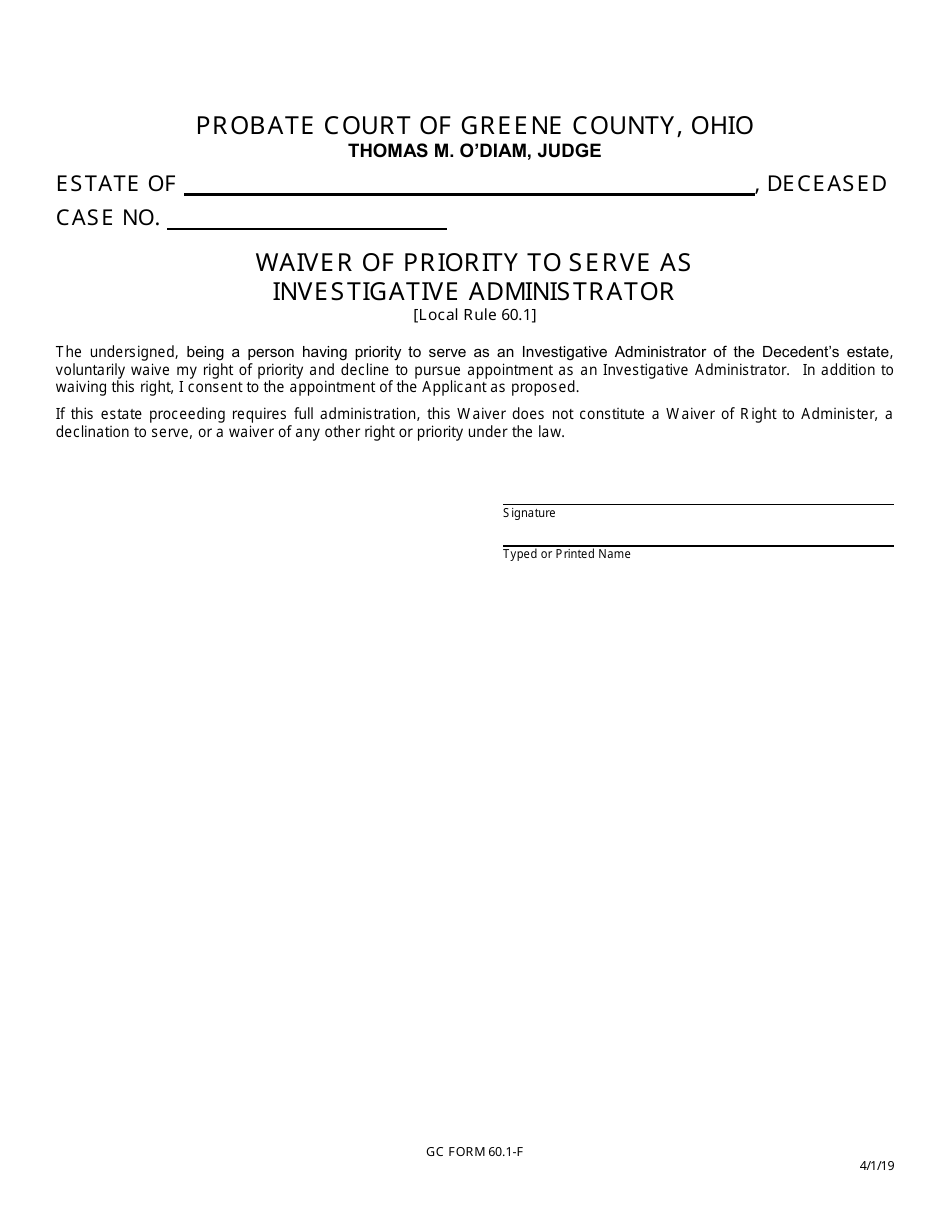 GC Form 60.1-F Waiver of Priority to Serve as Investigative Administrator - Greene County, Ohio, Page 1