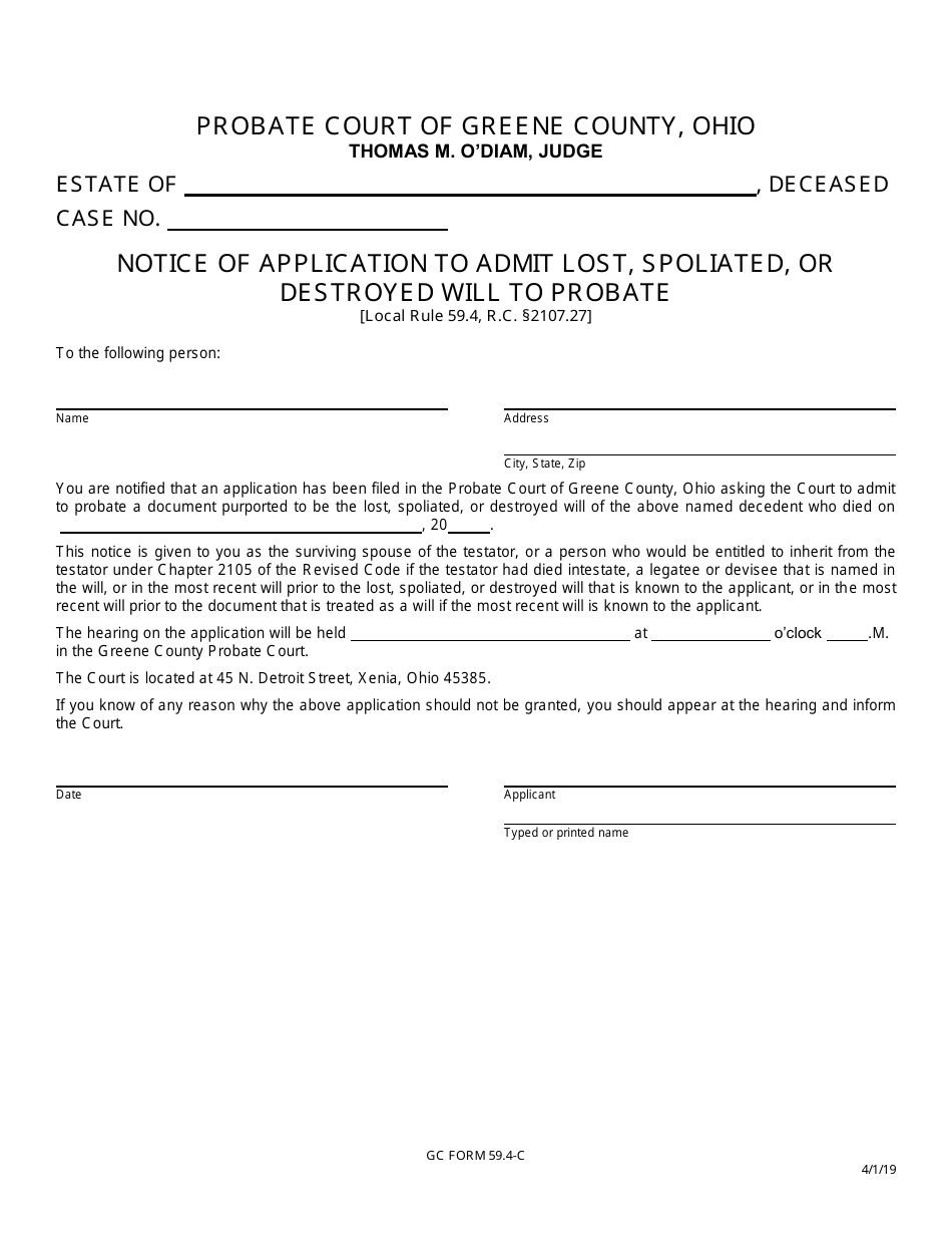 GC Form 59.4-C Notice of Application to Admit Lost, Spoliated, or Destroyed Will to Probate - Greene County, Ohio, Page 1