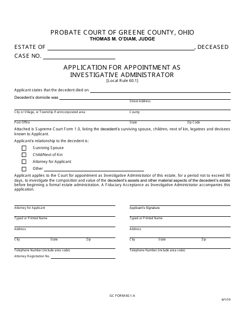 GC Form 60.1-A Application for Appointment as Investigative Administrator - Greene County, Ohio