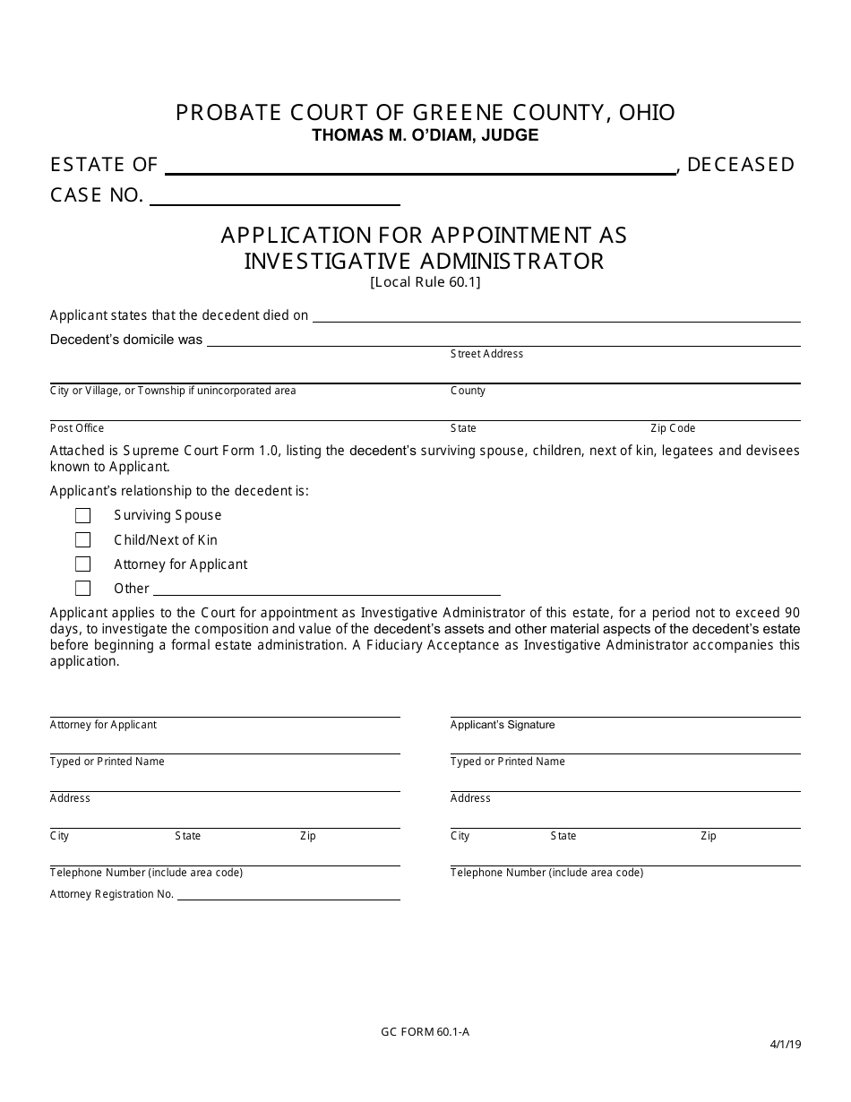 GC Form 60.1-A Application for Appointment as Investigative Administrator - Greene County, Ohio, Page 1