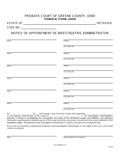 GC Form 60.1-E Notice of Appointment of Investigative Administrator - Greene County, Ohio