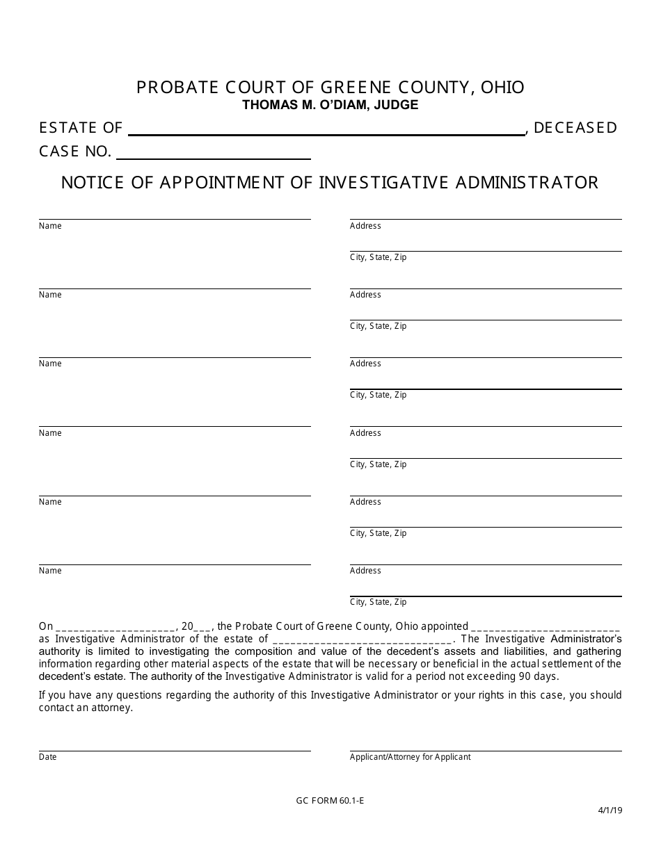 GC Form 60.1-E Notice of Appointment of Investigative Administrator - Greene County, Ohio, Page 1