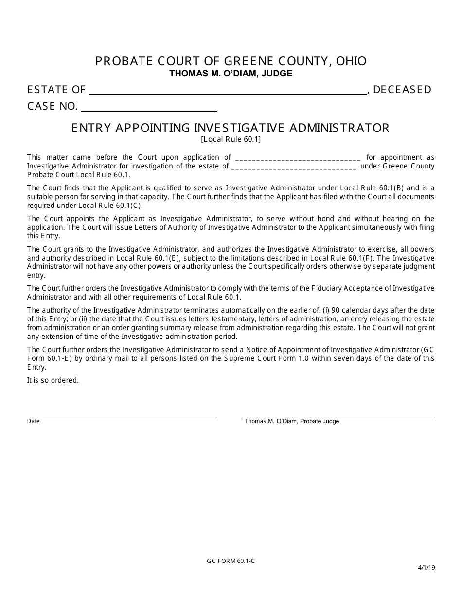 GC Form 60.1-C Entry Appointing Investigative Administrator - Greene County, Ohio, Page 1