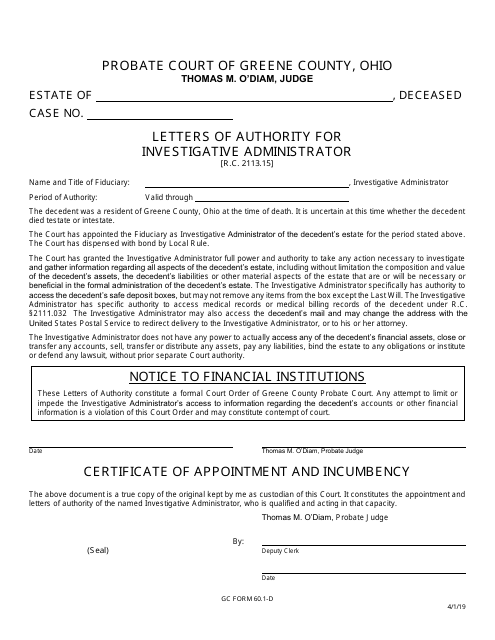 GC Form 60.1-D Letters of Authority for Investigative Administrator - Greene County, Ohio
